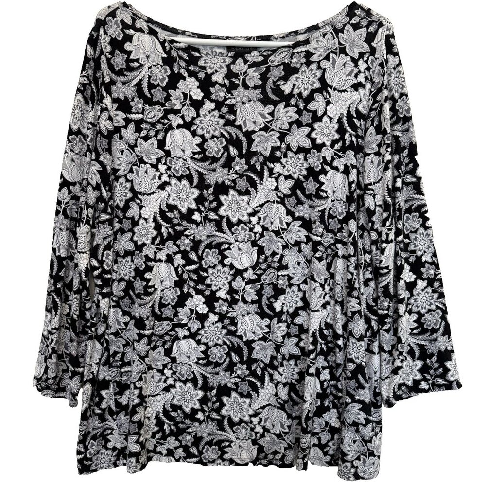 J Jill Wearever Womens Floral Top‎ Sz L 3/4 Sleeve Pullover Dark Romantic Career